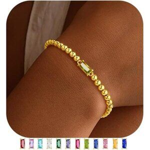 Dainty Birthstone Bead Bracelet 14K Gold Plated Elastic Jewelry Gift for Women
